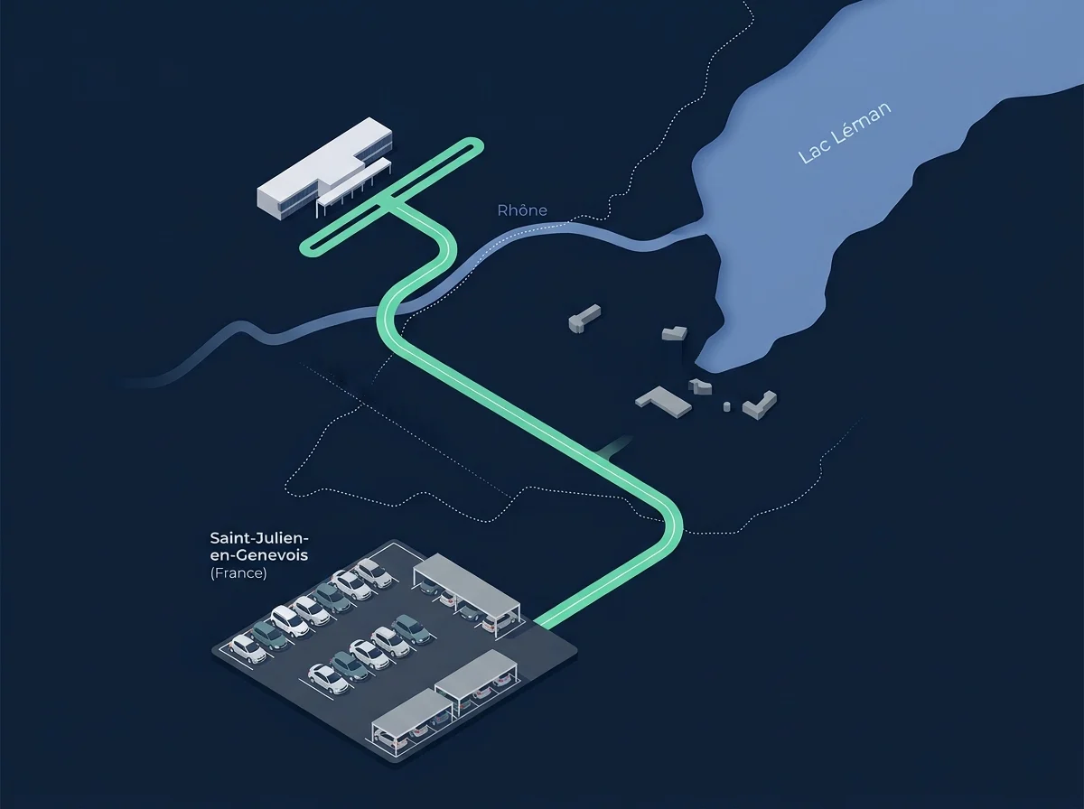 Carte illustrée du trajet : le parking à Saint-Julien-en-Genevois (France), la route vers l'aéroport de Genève (Suisse), le Lac Léman et la navette